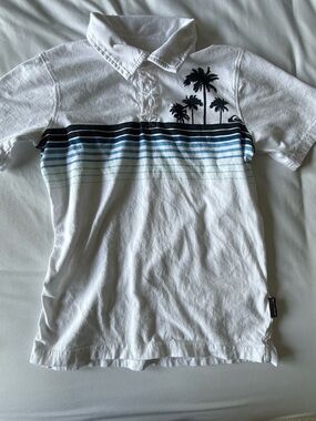 Quiksilver White Polo with Blue Stripe & Palm Tree Graphic
